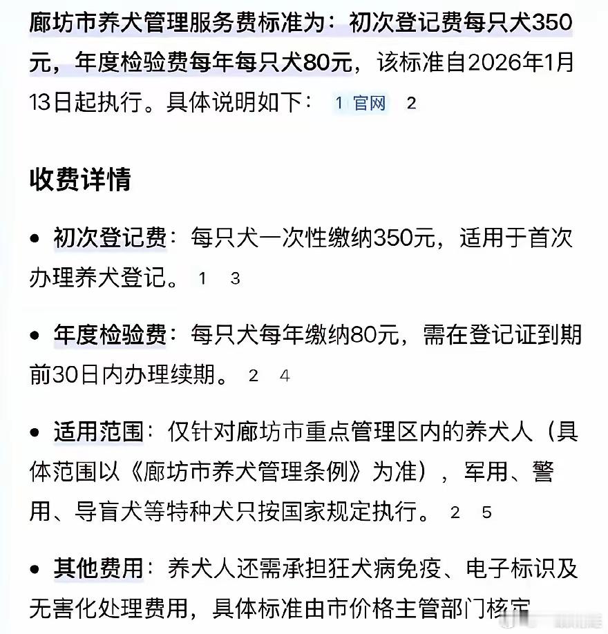 好消息，现在全国好多地方养狗要收费了。河北廊坊已经开始收费了，收费标准为：初次登