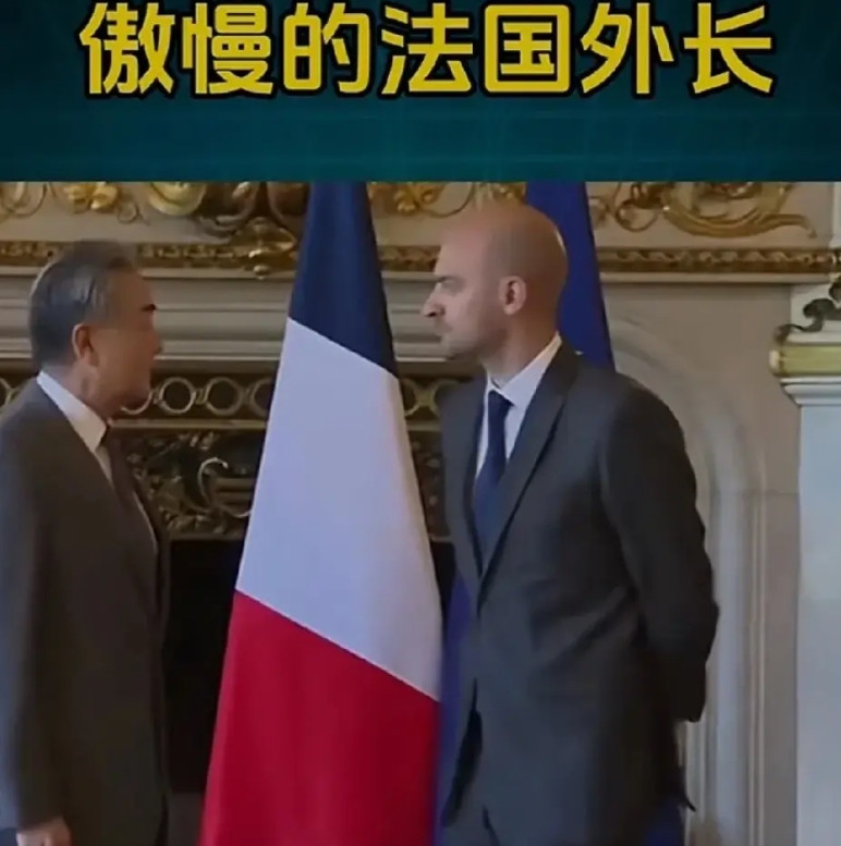 法国外长竟如此傲慢！法国外长外长双手背后，如此凝视我外长，表现出的西方主义傲