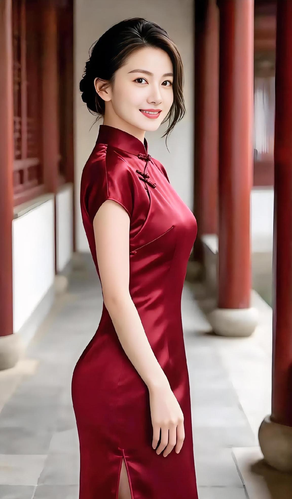 廊下那抹酒红，惊艳了旧时光。旗袍轻裹，盘扣含蓄，发髻挽住温柔。回眸一