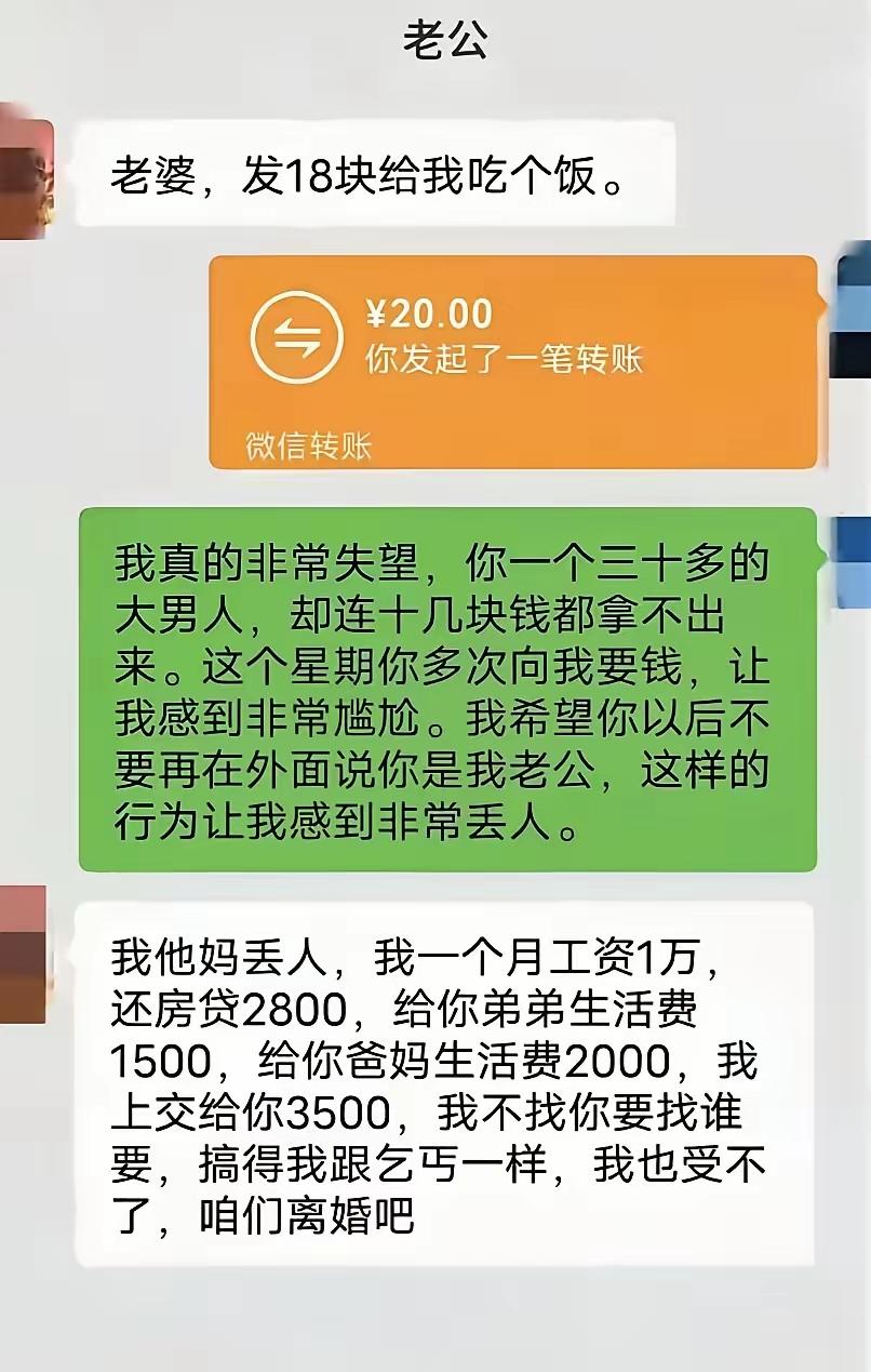 18块钱的饭，撕开了多少婚姻的遮羞布💔老公要18块钱吃饭，老婆转了20块