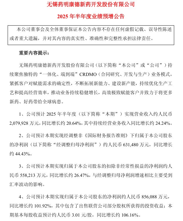 V观财报|药明康德预计上半年净利润同比翻倍