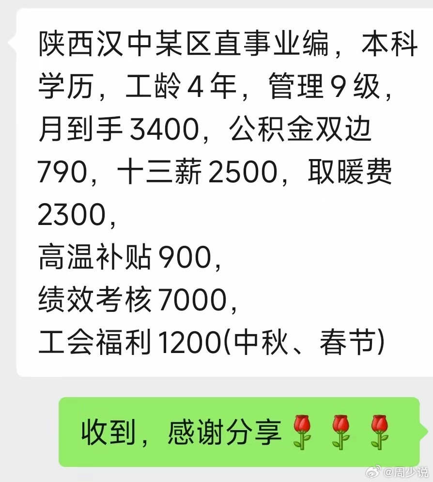 哦嚯！汉中某事业单位一工作人员自曝薪资，本科学历，已工作四年，管理9级，目前每个月到手3400元，双