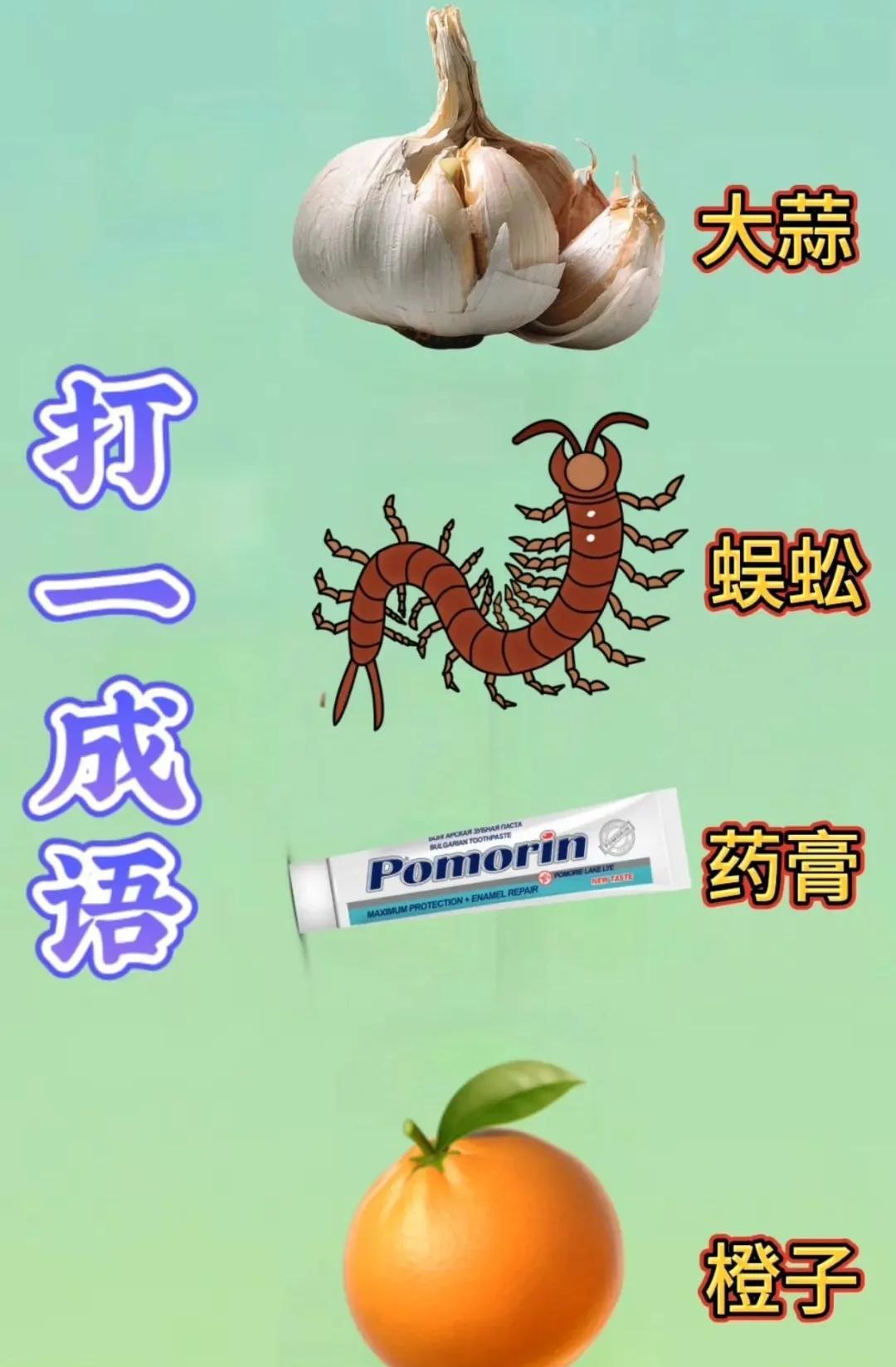 猜猜这是啥成语宝子们，来玩猜成语啦！大蒜、蜈蚣、药膏、橙子，看似不相关的它