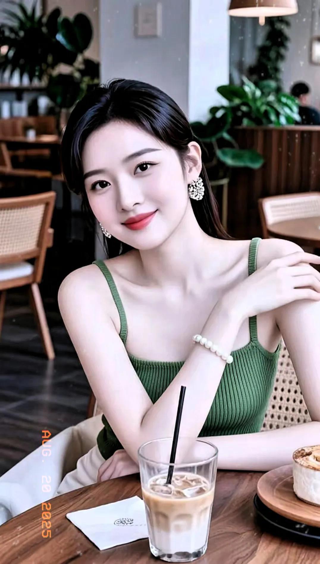 夏日咖啡时光，绿意盎然，甜美微笑