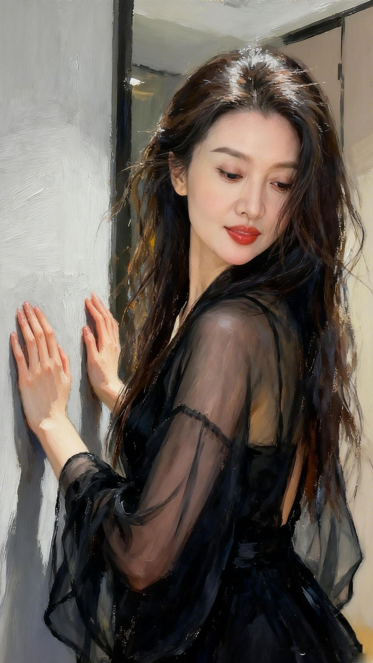 红妆美人倚，轻纱拂面柔。怎样的裙子在女人身上是最美的优雅黑裙，轻抚墙面，沉醉瞬