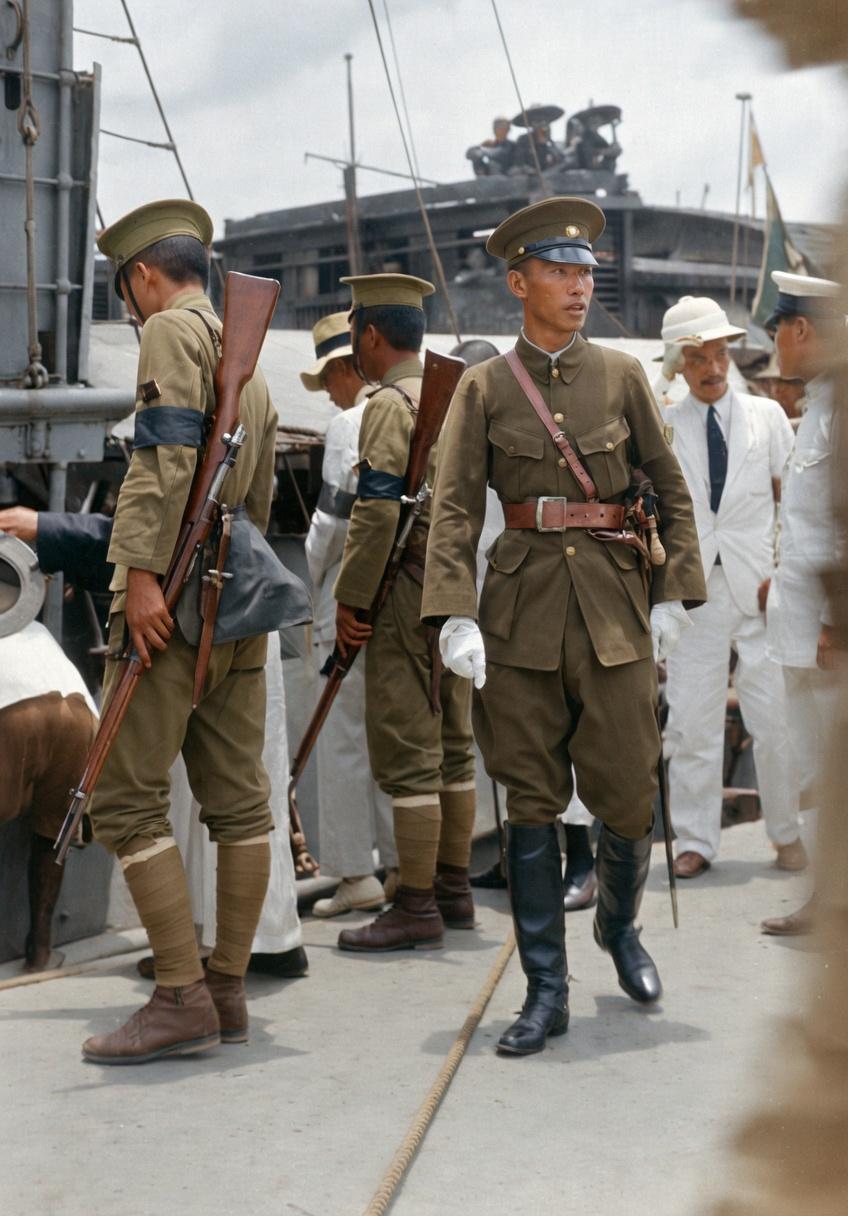 1925年，珠江江面轮船上，英文备注：“黄埔校长蒋介石，正为国民党讨伐陈炯明的东