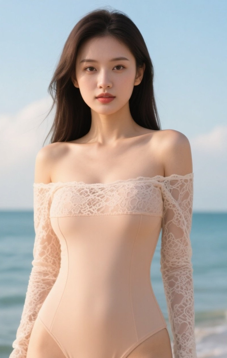 娇媚少妇回首，海风轻撩发丝