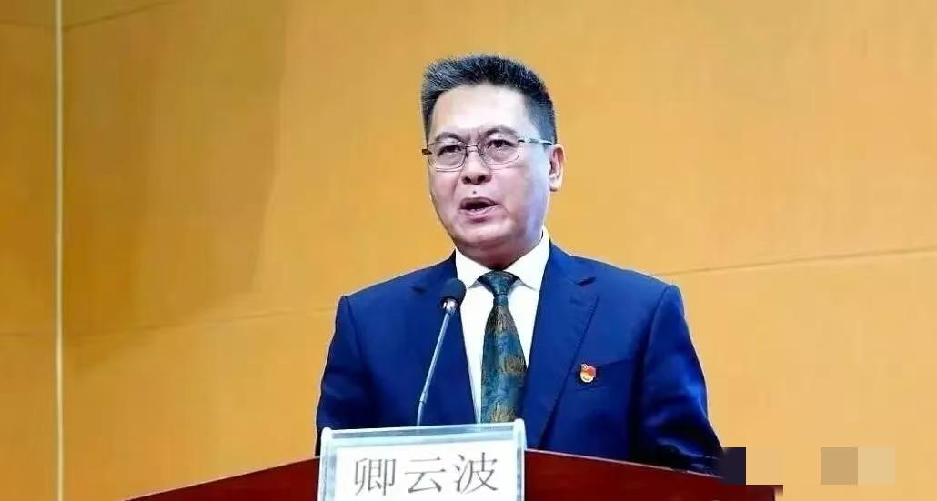 2017年11月，51岁的卿云波，身穿一身蓝色西装，带着绿色花纹领带，内搭白色衬