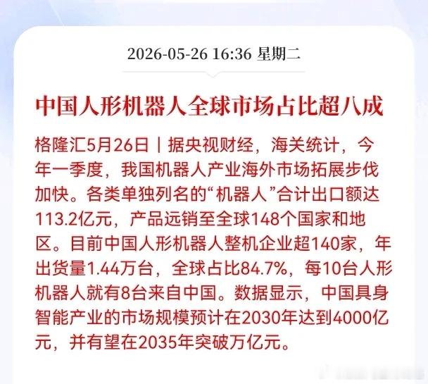 好消息！重大利好消息！人形机器人板块放出重大好消息！中国人形机器人市场份额超八成