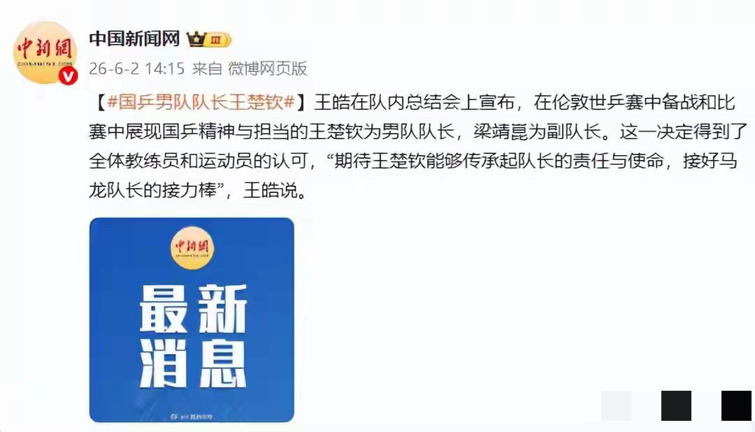 中国新闻网：王皓在队内总结会上宣布，王楚钦为国乒男队队长，梁靖崑为副队长！6
