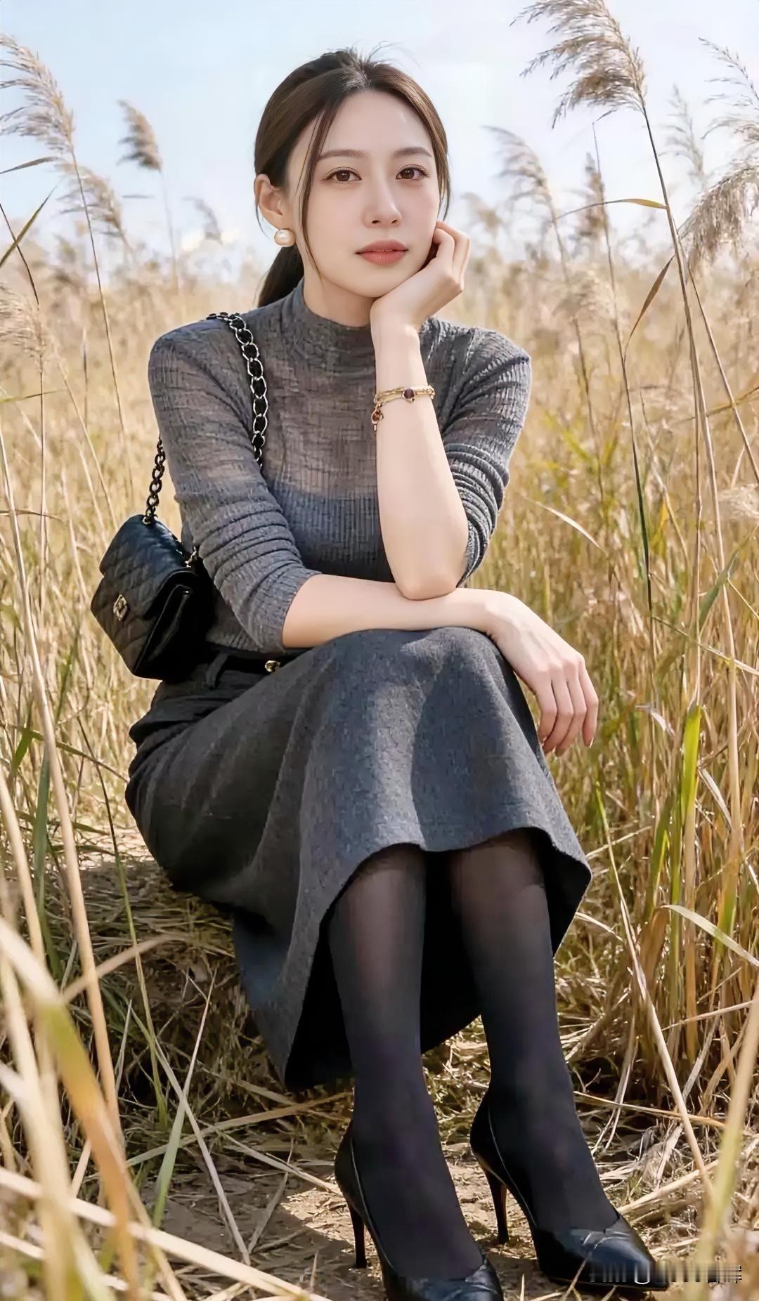 灰裙如雾，轻笼秋日芦苇的温柔。黑丝曳地，与高跟共谱优雅韵律。她坐田埂，手
