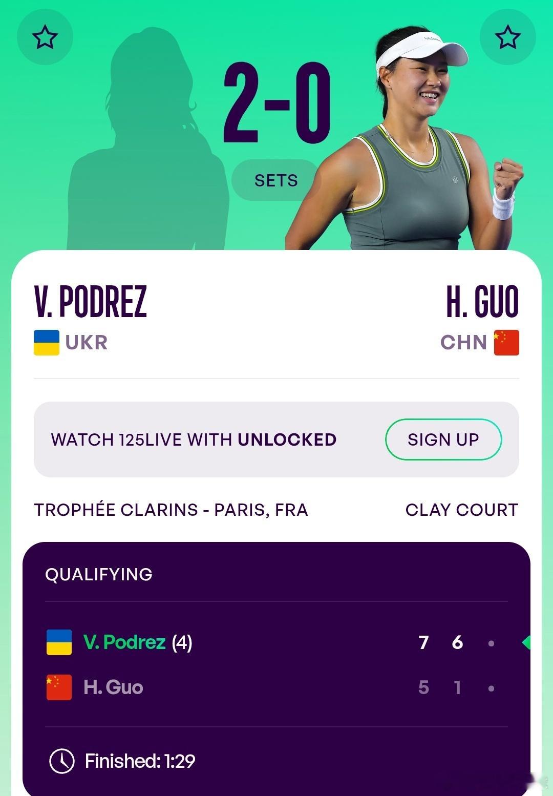 WTA125巴黎站🇫🇷资格赛第1轮郭涵煜🇨🇳5-7/1-6不敌波德列兹?