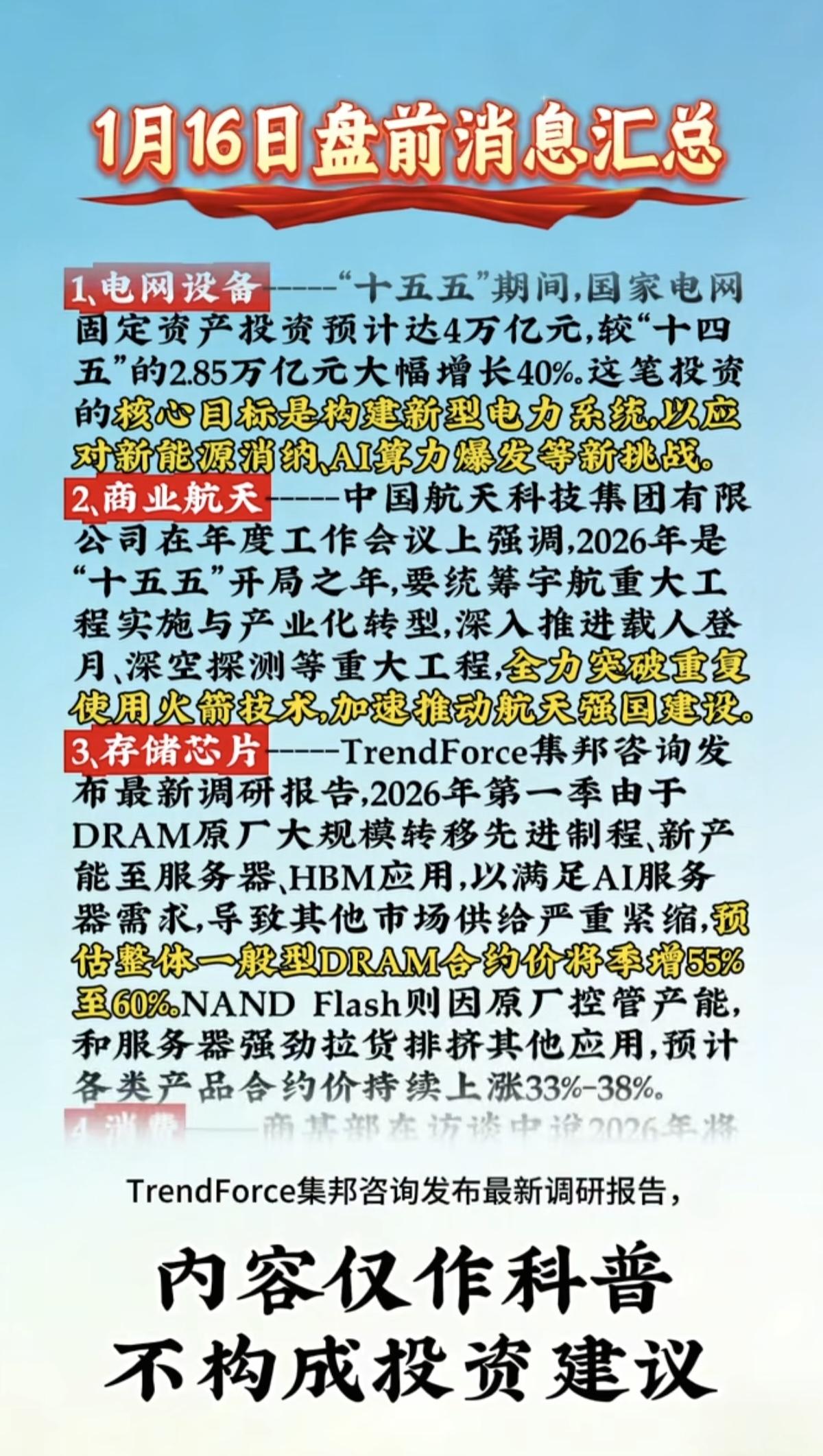 1.16周五财经热点+投资参考！1.电网设备2.商业航天3.存储芯片