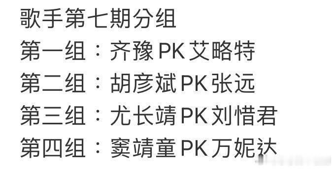 歌手歌手2026第七期联名赛分组本周淘汰一人歌手第七期分组八进七第一组：齐豫P