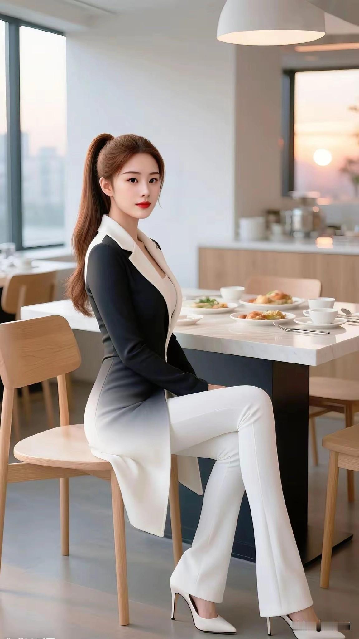 这姑娘穿着职业装，坐在餐厅里。这职业装颜色搭配堪称经典中的经典，采用黑白渐变