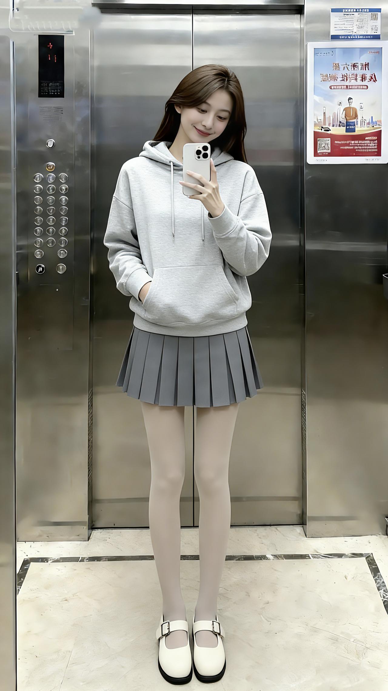 浅灰宽松卫衣软乎乎的，配浅肤色薄款光腿神器和同色系百褶裙，搭玛丽珍鞋，电梯间随手