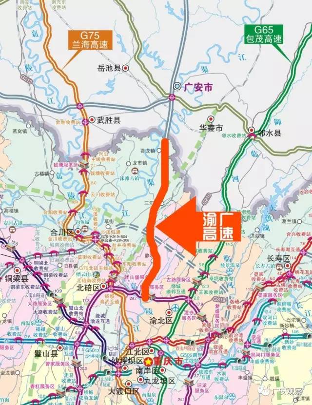 广安到重庆外环的距离将缩短至80公里,到江北机场89公里,