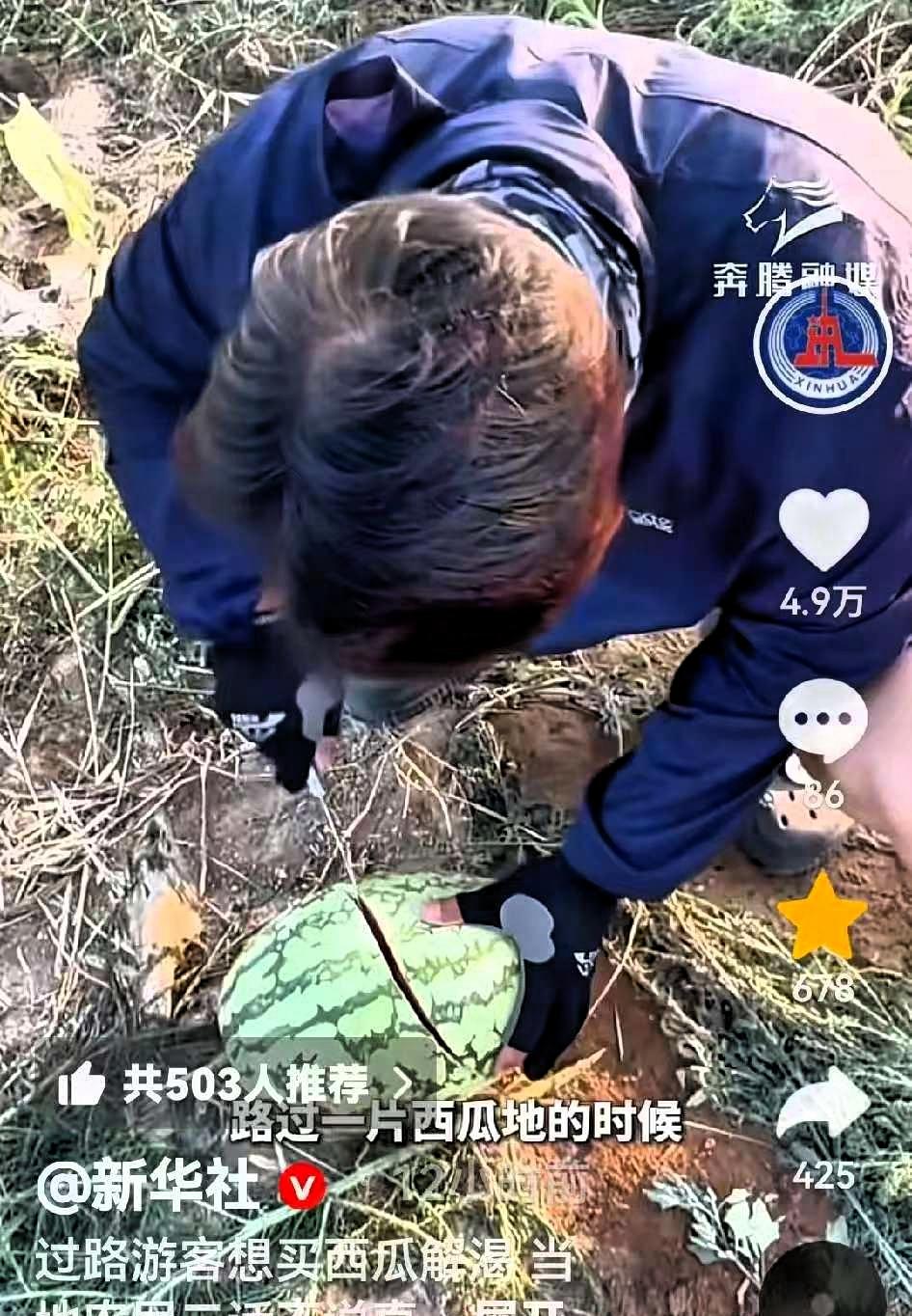 内蒙古巴彦淖尔，一游客路过瓜田，想买瓜解渴，没想到，农民大叔竟免费送了他两个。网