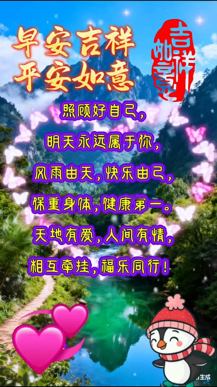 早安吉祥，平安如意。照顾好自己，明天永远属于你。风雨由天，快乐由己，保重身体，