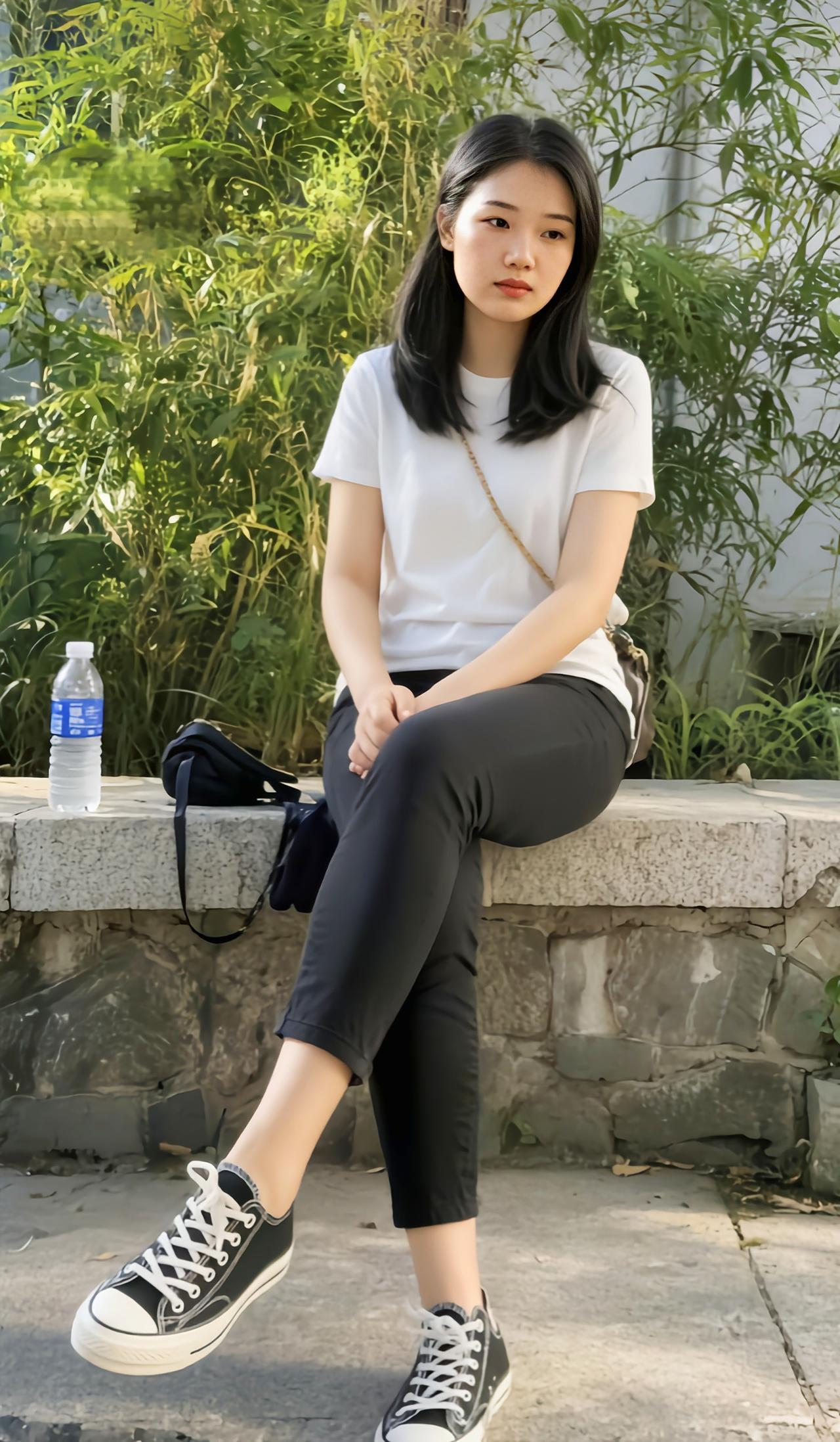 女孩坐在台阶上，悠闲地喝着水。