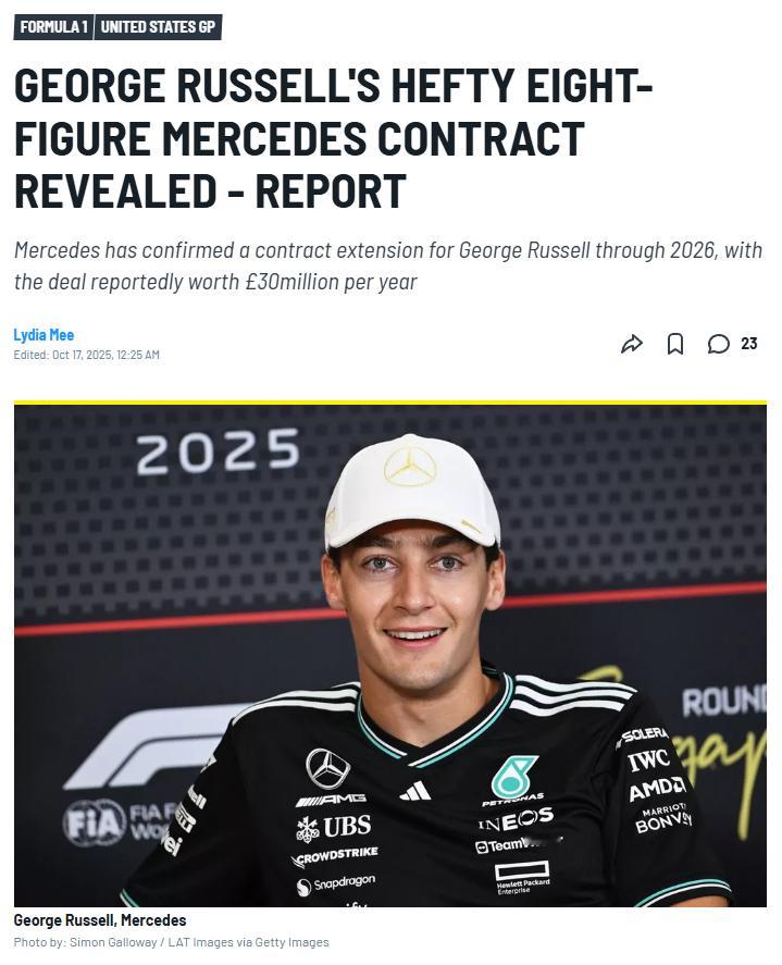 Motorsport援引英国独立报的报道：拉塞尔与梅赛德斯续签的合同年薪高达30