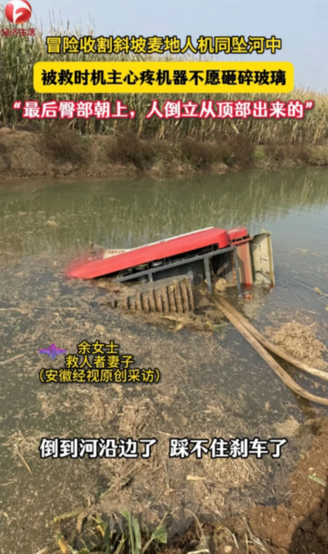 “太让人心疼了！”安徽灵璧，一收割机车主在收割斜坡上的麦子地时，结果倒车没刹住，