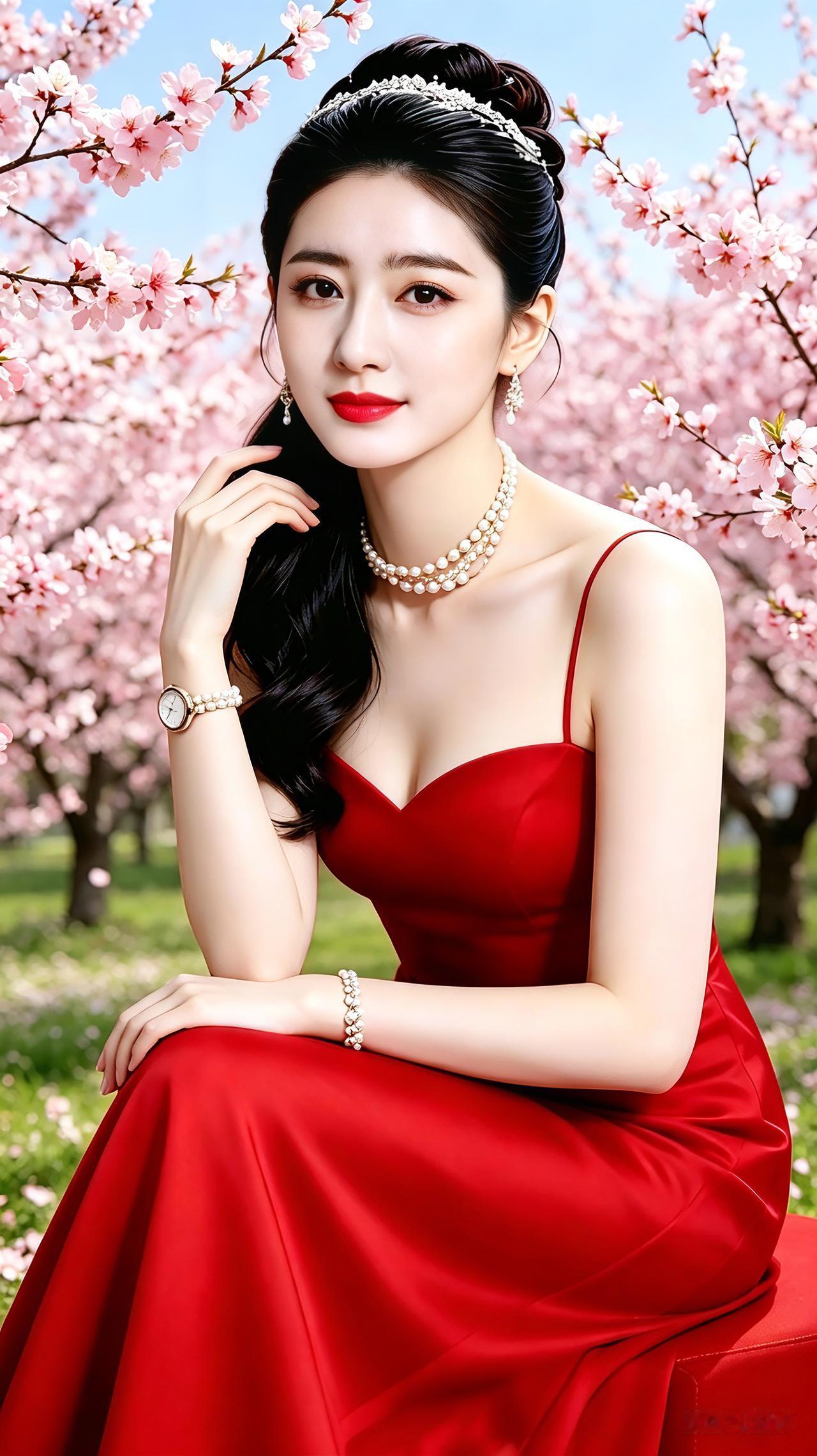 打油诗·桃林寻缘满园桃花竞芬芳，一袭红裙映春光。珍珠项链衬容妆，明眸