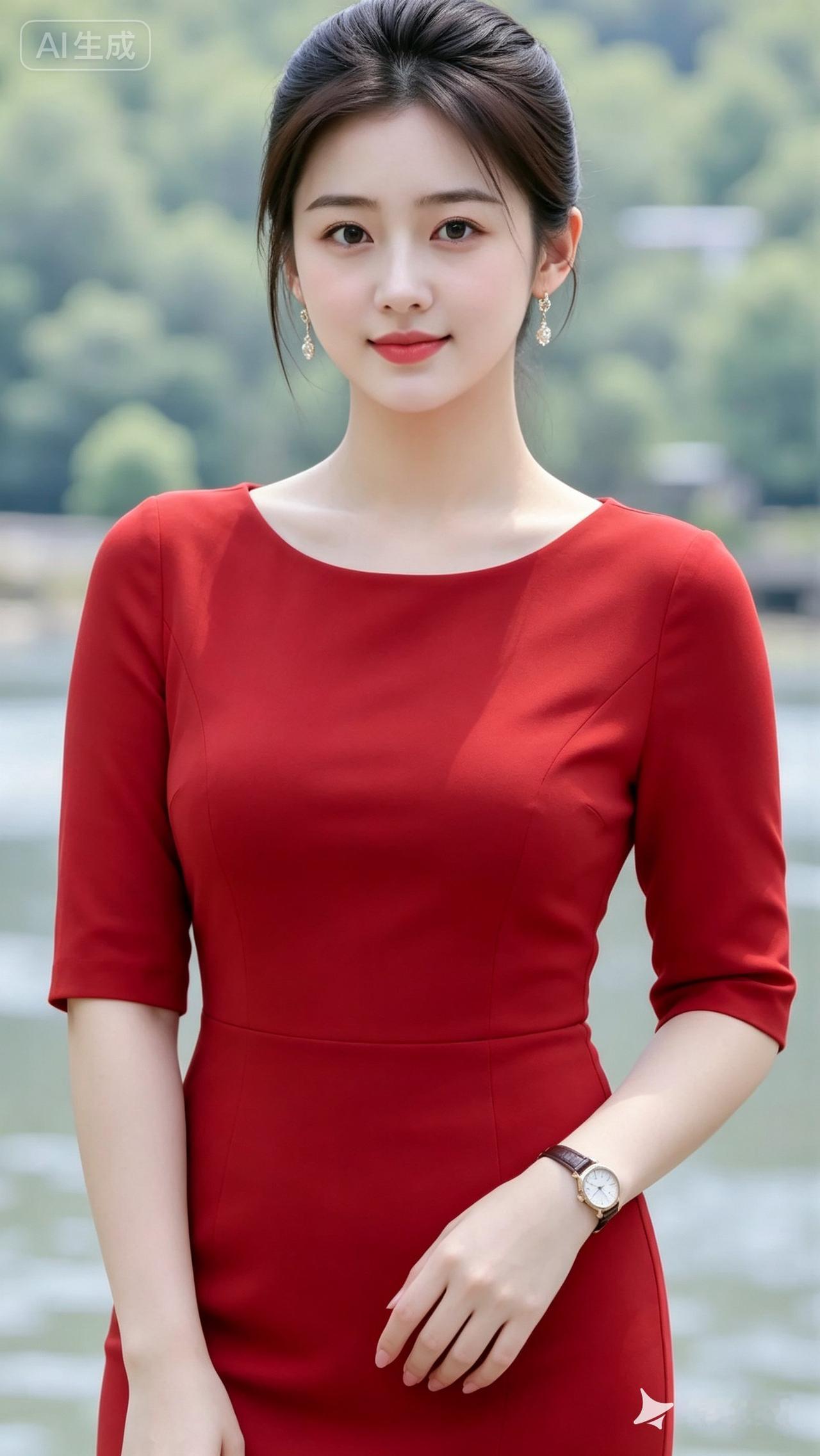穿红色连衣裙的漂亮女生。