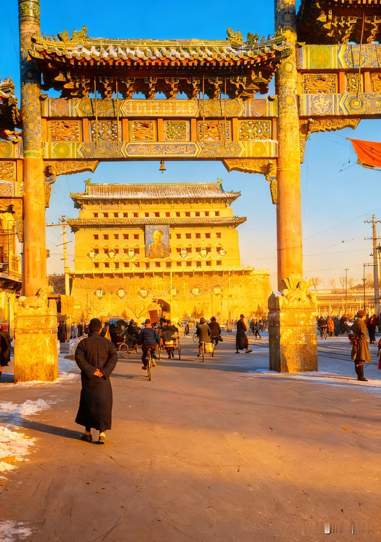 上世纪40年代，抗战胜利后，美国人拍摄的北京街景，经过AI处理后，还原了当时的景