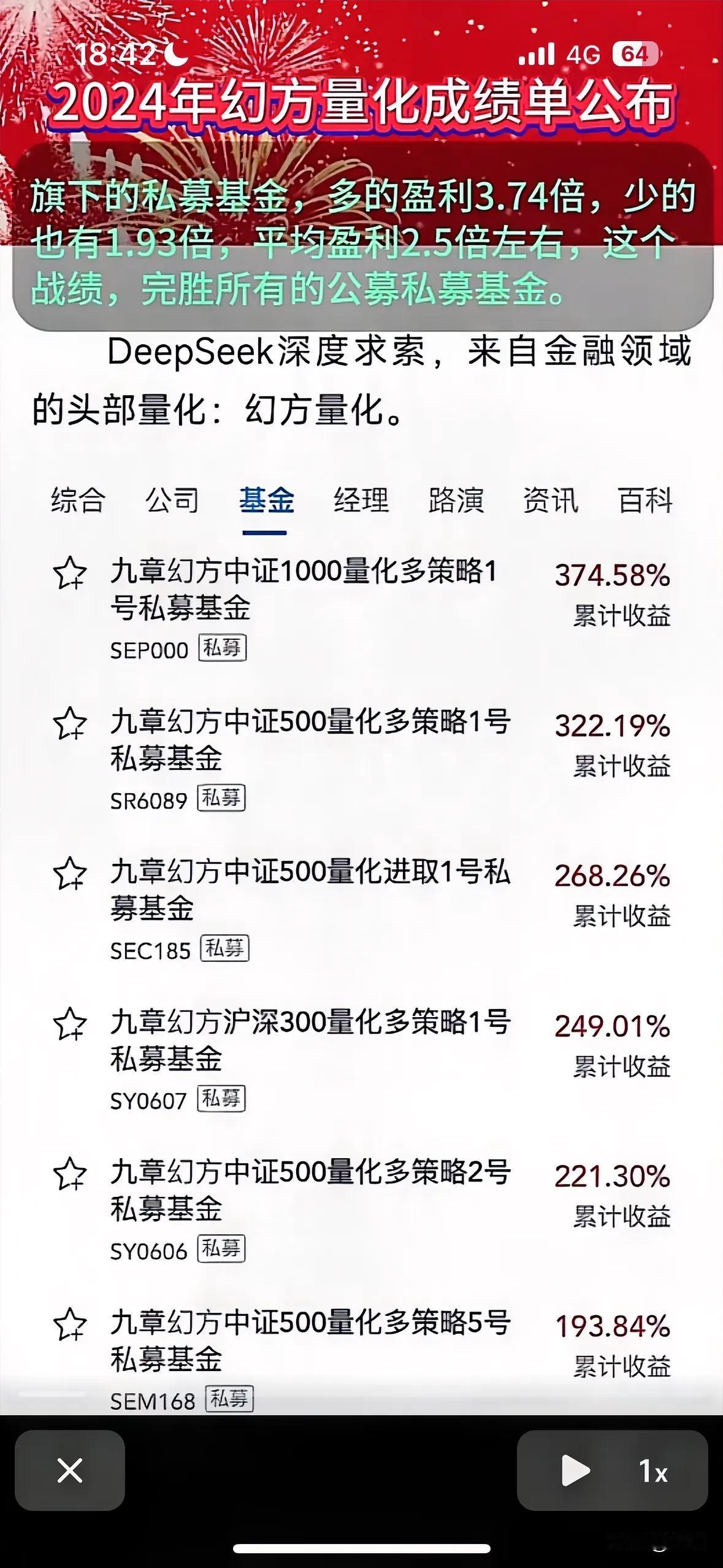 市场流传的一张量化收益率截图，2024年幻方量化旗下私募基金最高盈利3.74倍，