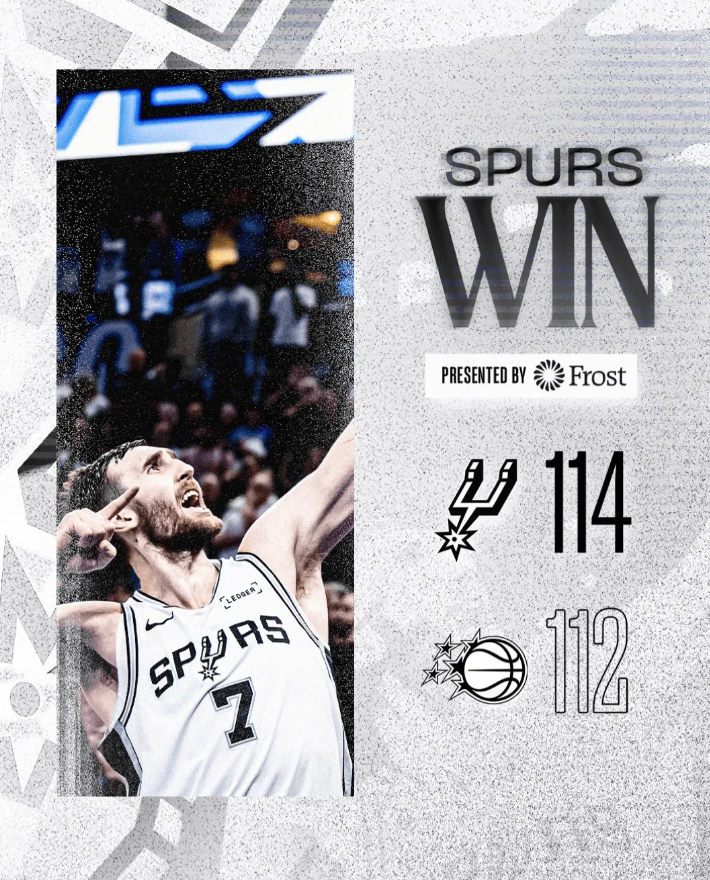 NBA常规赛，马刺114-112击败魔术。赛后马刺官媒更新了动态，晒出一张海报