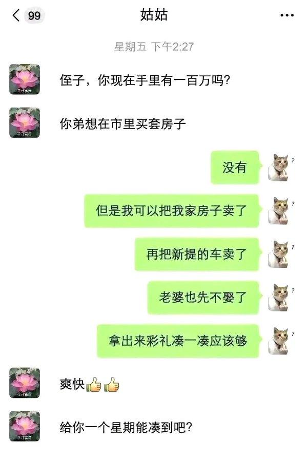姑姑开口就要一百万给弟弟买房。一句“你有一百万吗”问得理所当然。侄子的回复看
