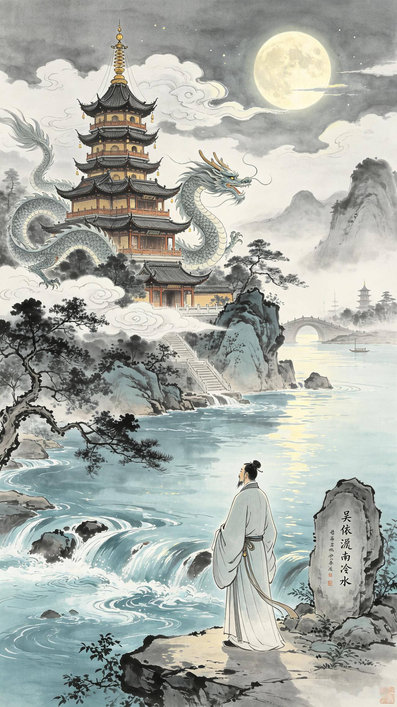 《双调》折桂令游金山寺、张可久。倚苍云绀宇峥嵘，有听法神龙，渡水胡僧。人立