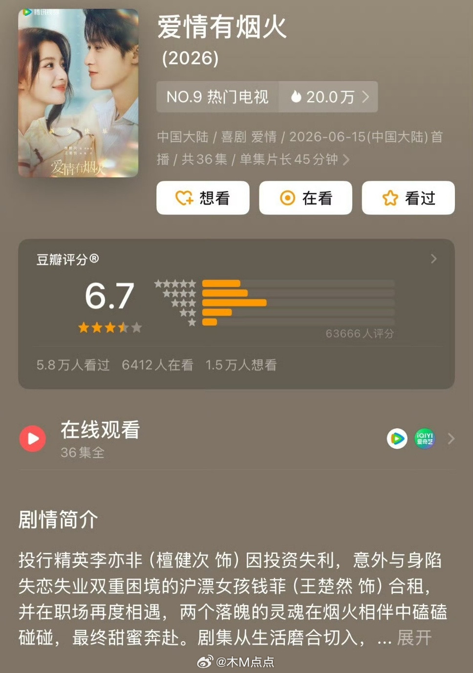 爱情有烟火豆瓣开分6.7，6w+人看过，这个分数高了还是低了？从积压剧到s➕…