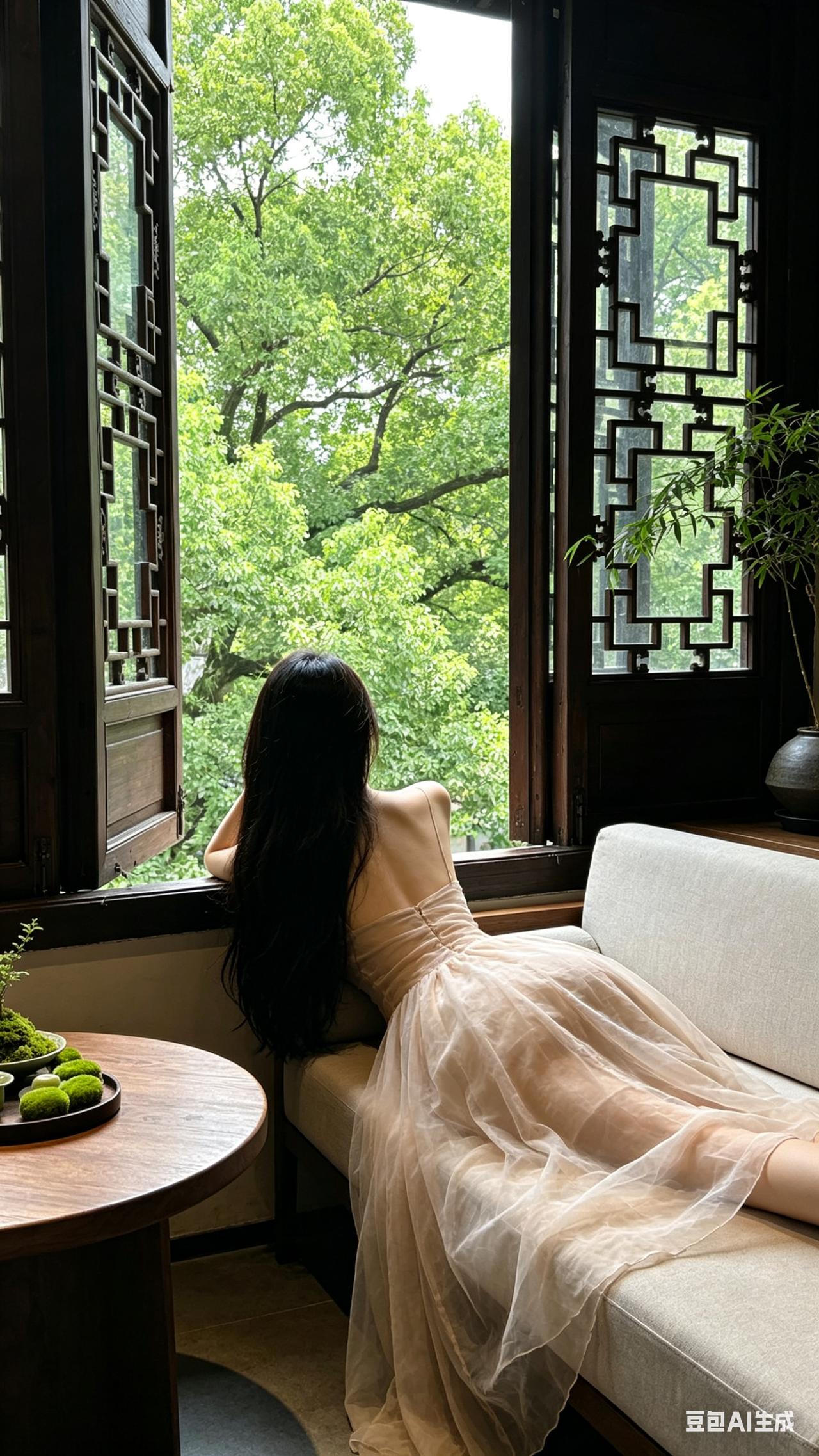 纤瘦女子披长发着浅纱裙趴中式木窗边沙发，静望窗外翠树。木桌置绿植摆件，室内草木点