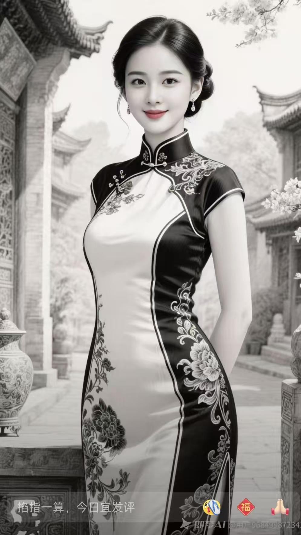 旗袍美人翠袖轻摇韵自流，身姿婉约画中游。旗袍一袭香风动，尽展东方绝代愁。