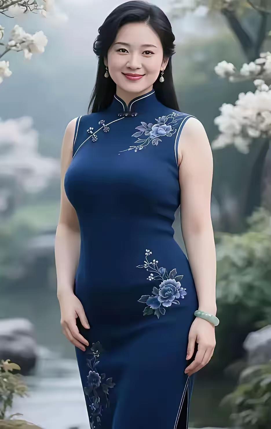 水仙子·蓝裙花间韵蓝裳袅袅映霞烟，闲步繁花意趣绵。翠枝摇风香盈院。娇姿水