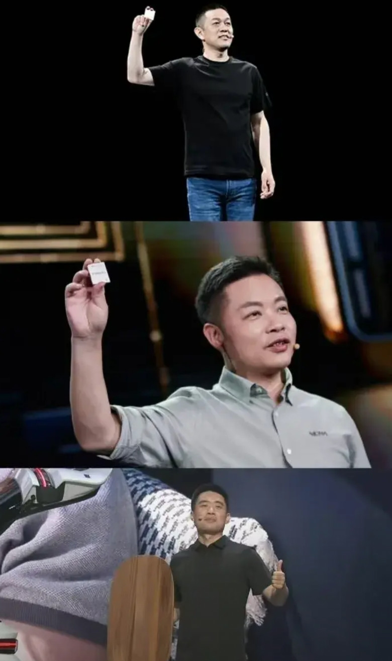 理想i8发布会火了一张图！蔚小理三个老板各自在发布会上举着一样东西。李斌和何小鹏