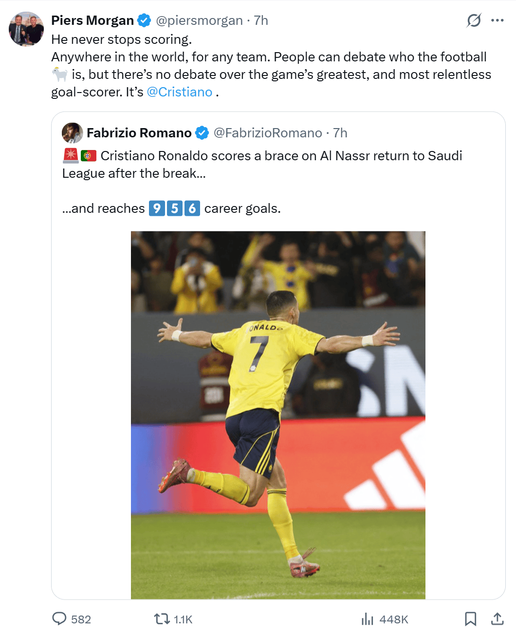 摩根社媒: 足球GOAT可以争论, 但历史最佳射手一定是C罗