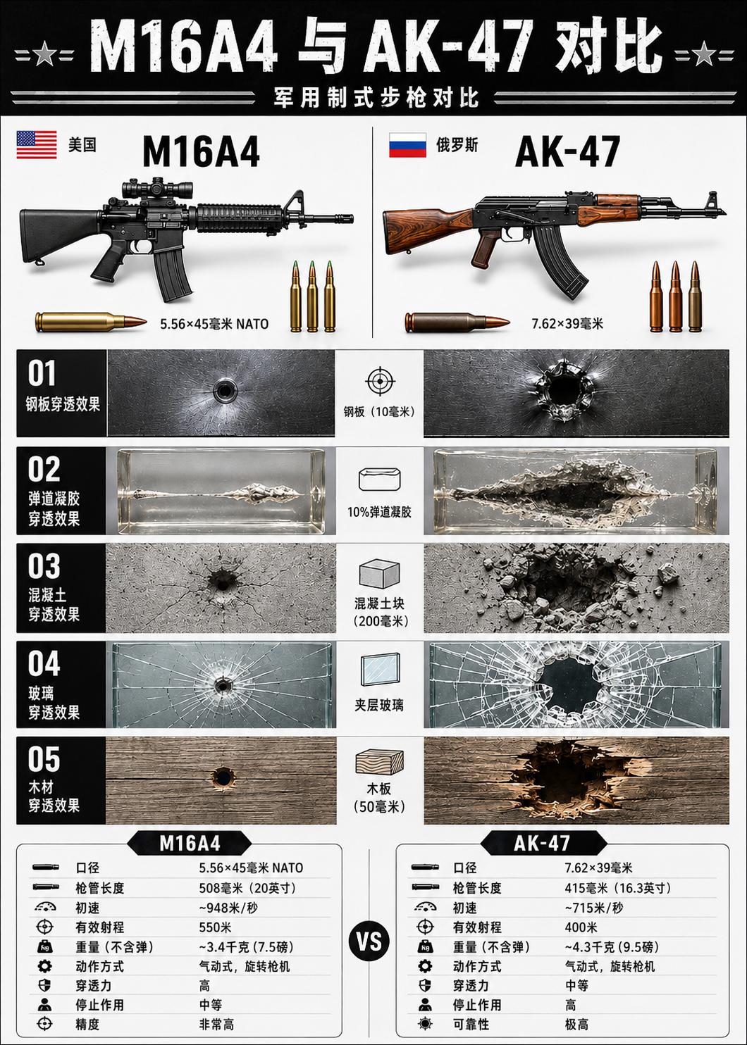只要聊现代突击步枪，美军M16系列和苏系AK-47永远绕不开，这张实测对比图把两