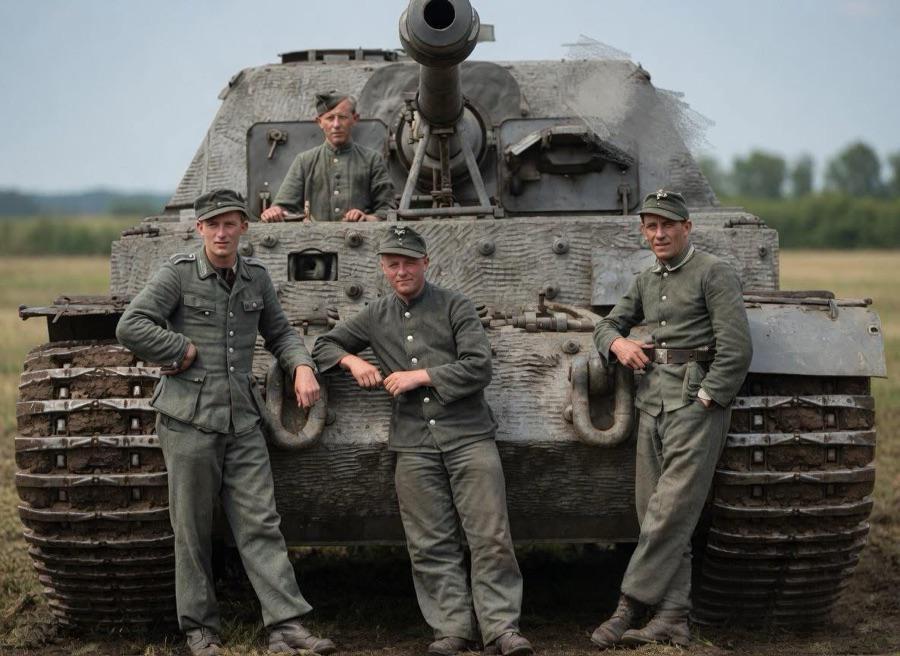 1944年，波兰境内，二战德军第653重型坦克歼击营的乘员与他们的坦克歼击车合影