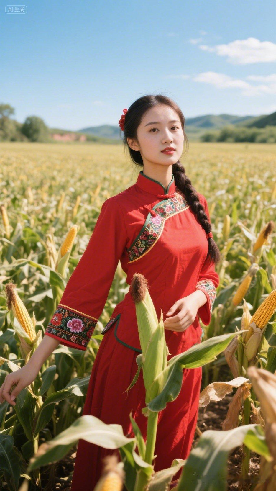 红衣少女漫步在金黄的玉米田中，感受大自然的美好。