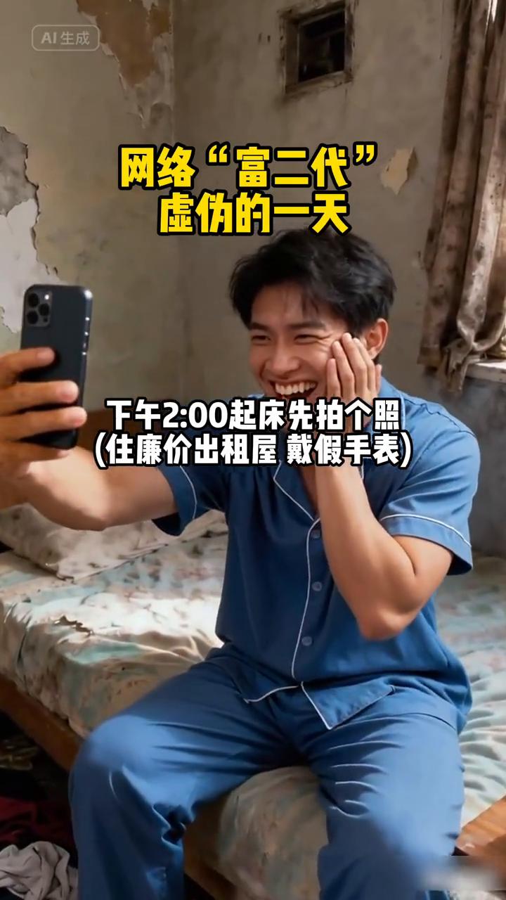 网络"富二代"虚伪的一天。下午2：00起床先拍个照(住廉价出租屋戴假手表)，把