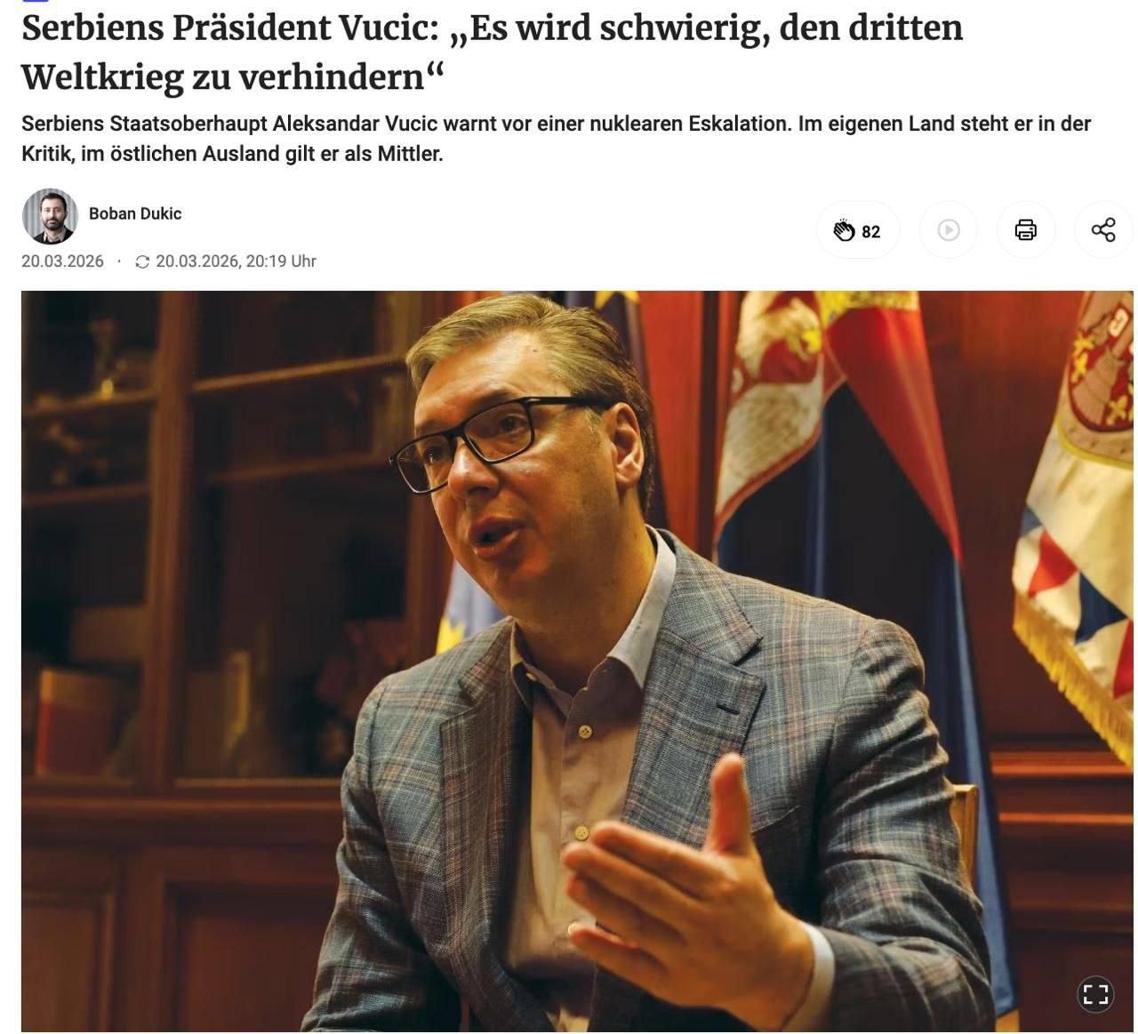 武契奇：第三次世界大战已很难阻止其爆发塞尔维亚总统亚历山大·武契奇在接受《柏