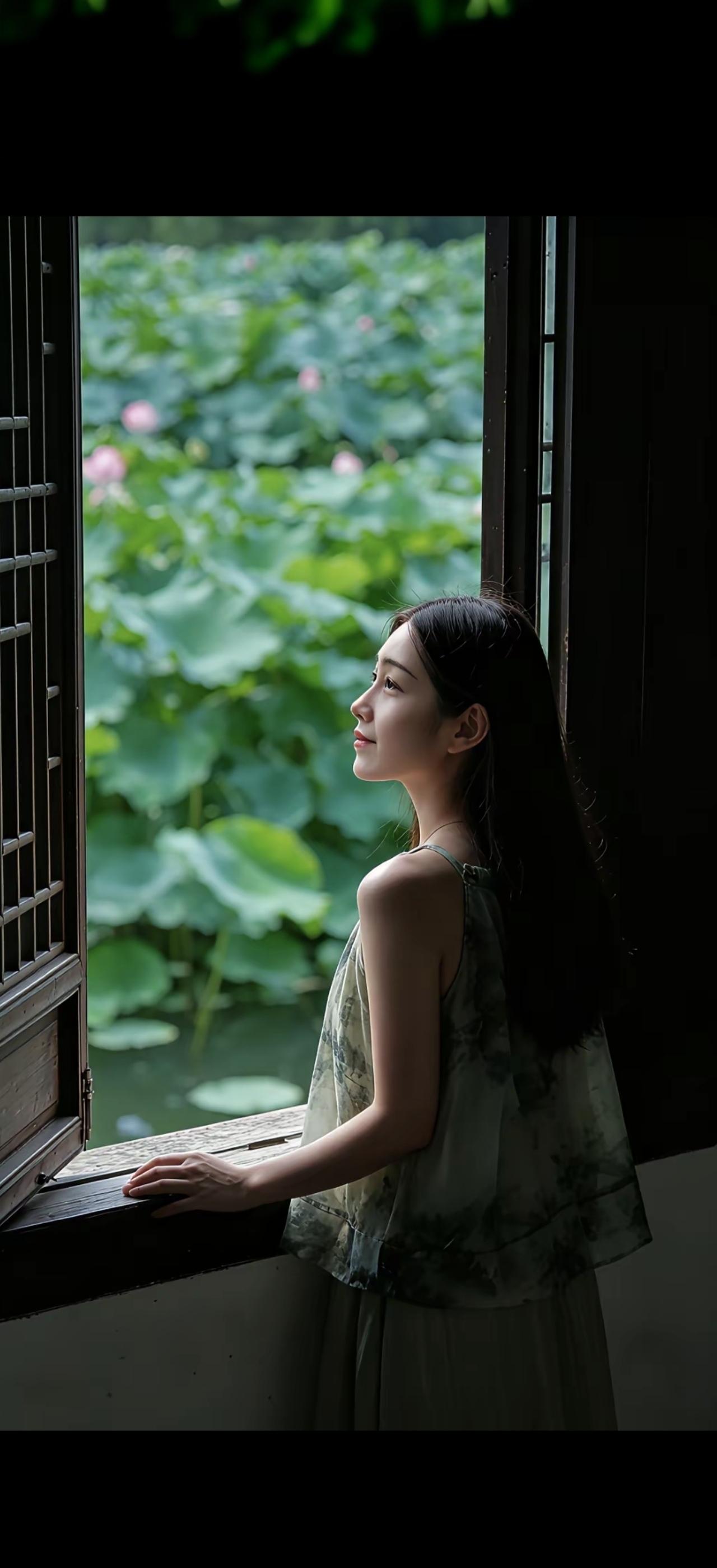 窗前风起，花影摇曳。