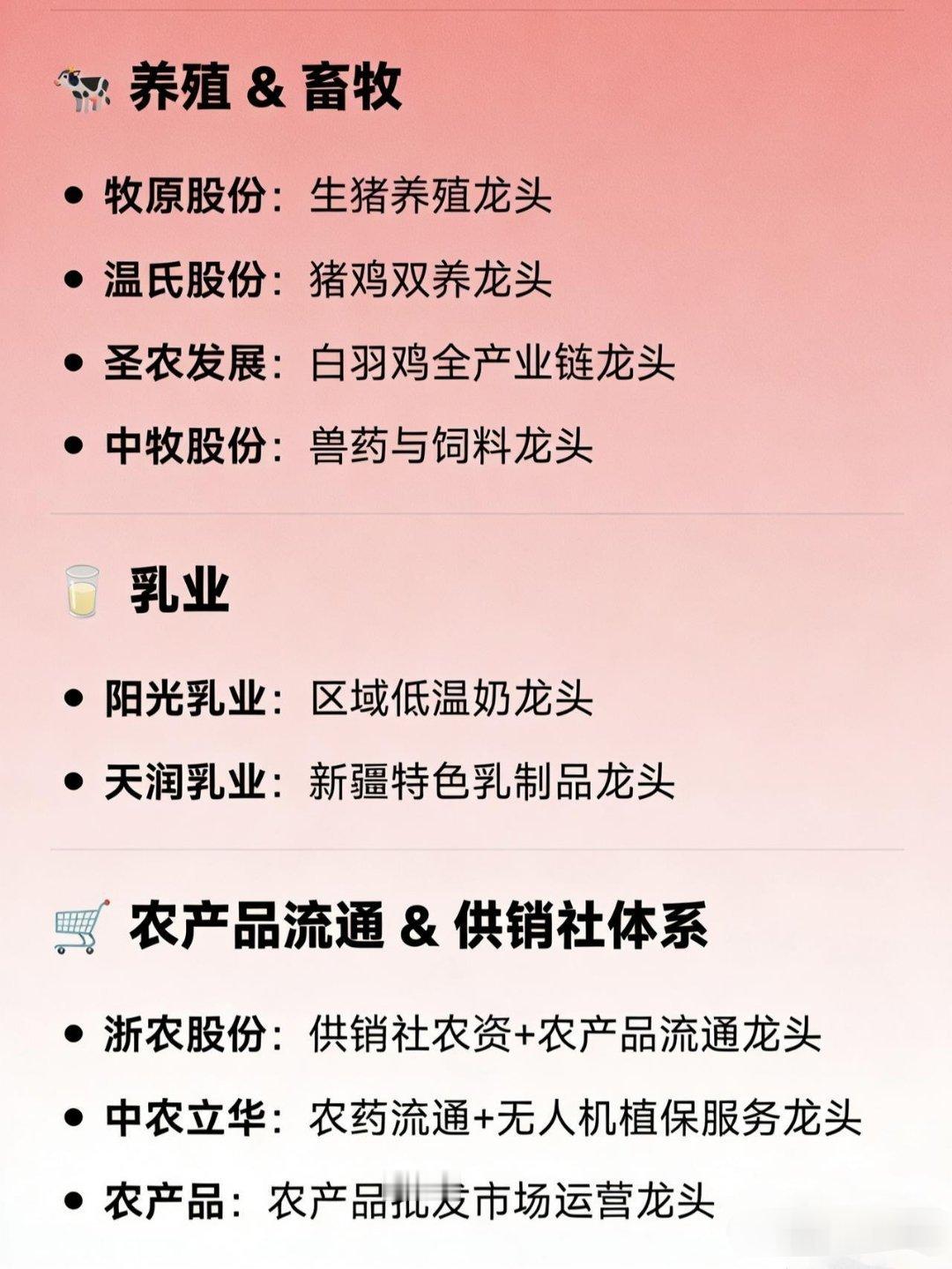 农业相关细分领域的龙头代表企业：🌾种业隆平高科：杂交水稻种子龙头登海种业：玉米