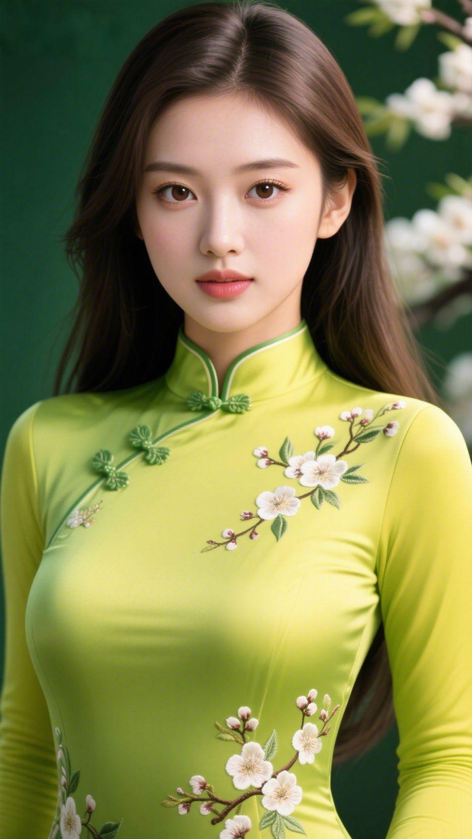 青柠旗袍绘春景墨绿背景似揉碎了深林的幽意，一袭青柠色旗袍如撷取了春日的新芽