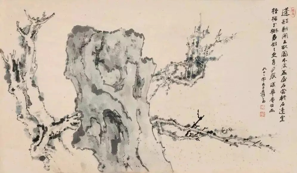 张大千《寒梅怪石》，设色纸本45×75cm。以梅石入画，相较一般艳丽的花卉，