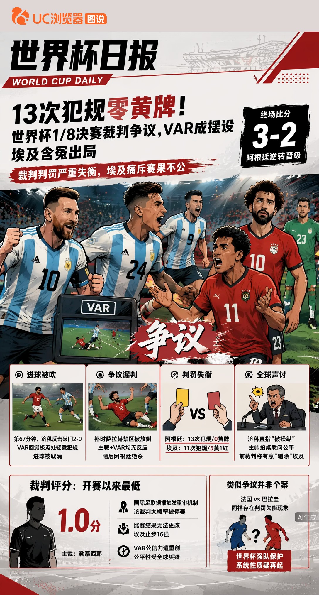 13次犯规零黄牌！世界杯1/8决赛裁判争议，VAR成摆设埃及含冤出局