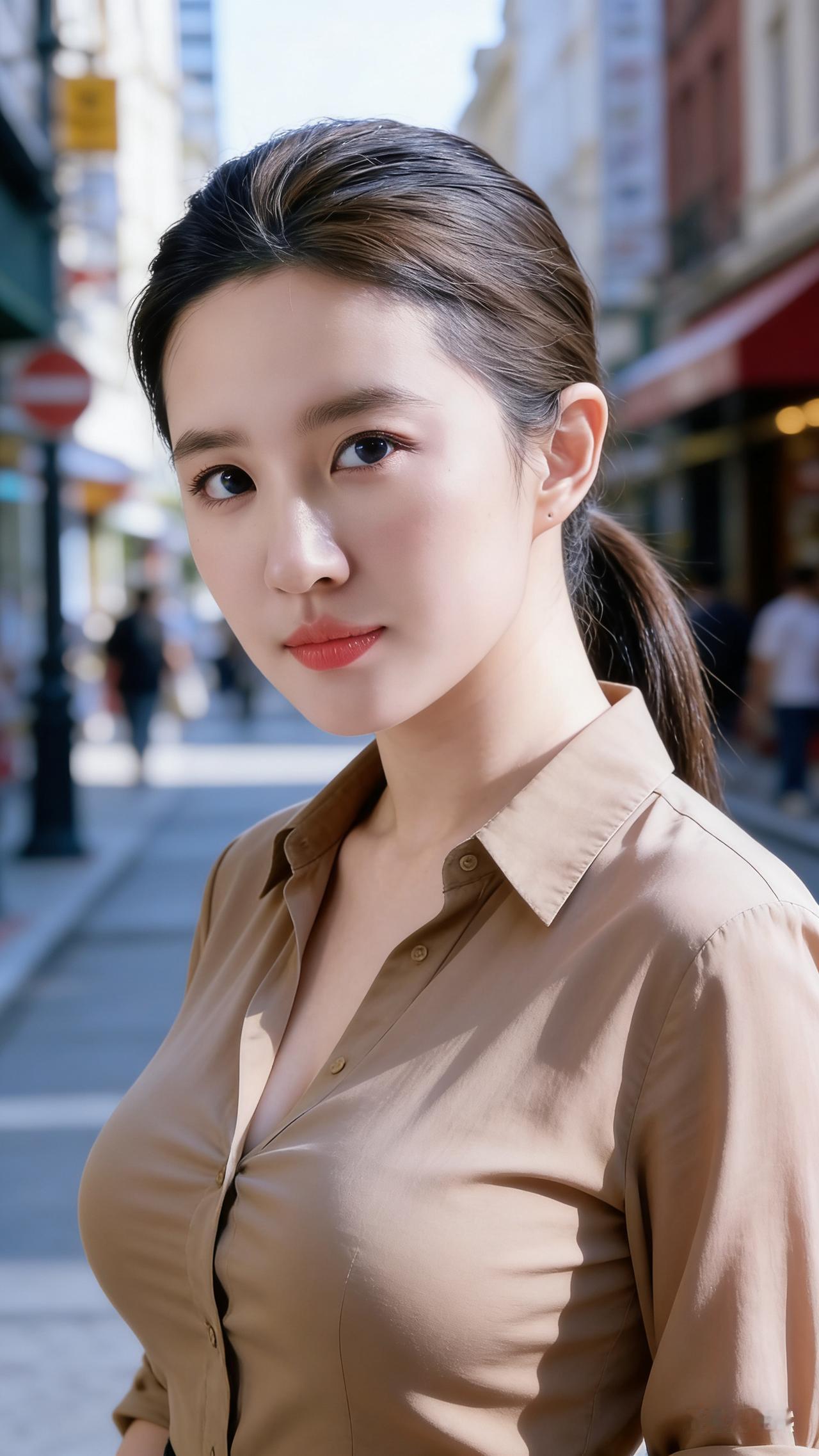 浅棕衬衫被正午的阳光晒得微暖，她站在街角，身后是熙攘的人群与彩色的店招。风卷着咖